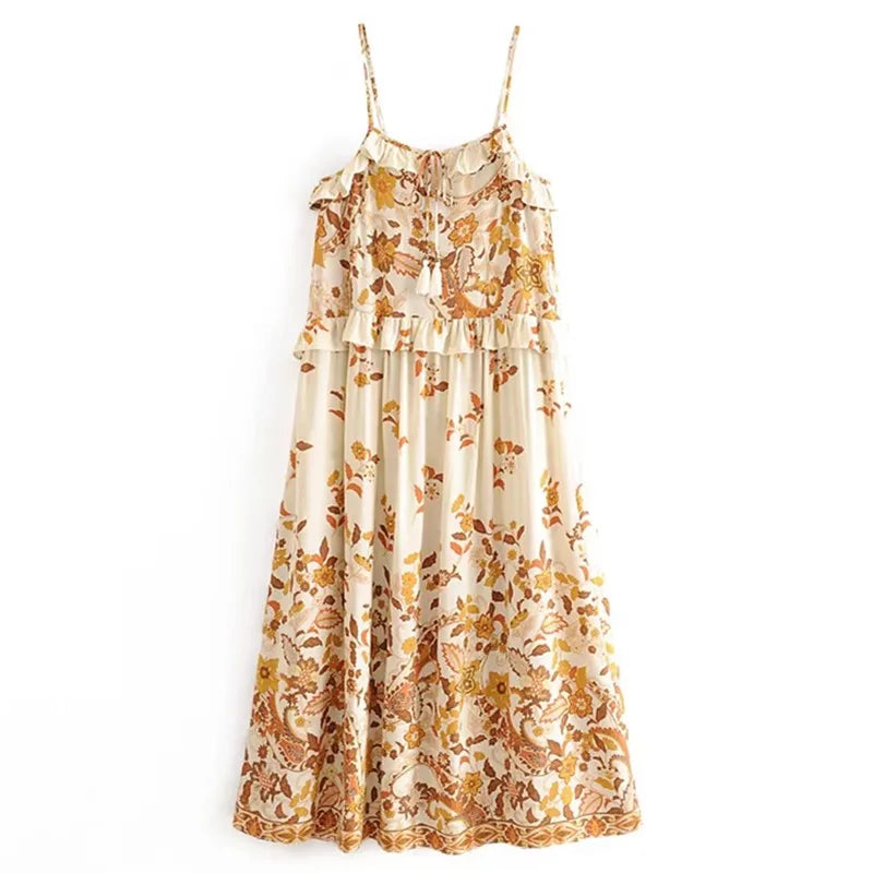 Golden Bloom Boho Floral Print Midi Dress Trendy Tiered Hem Midi Dress