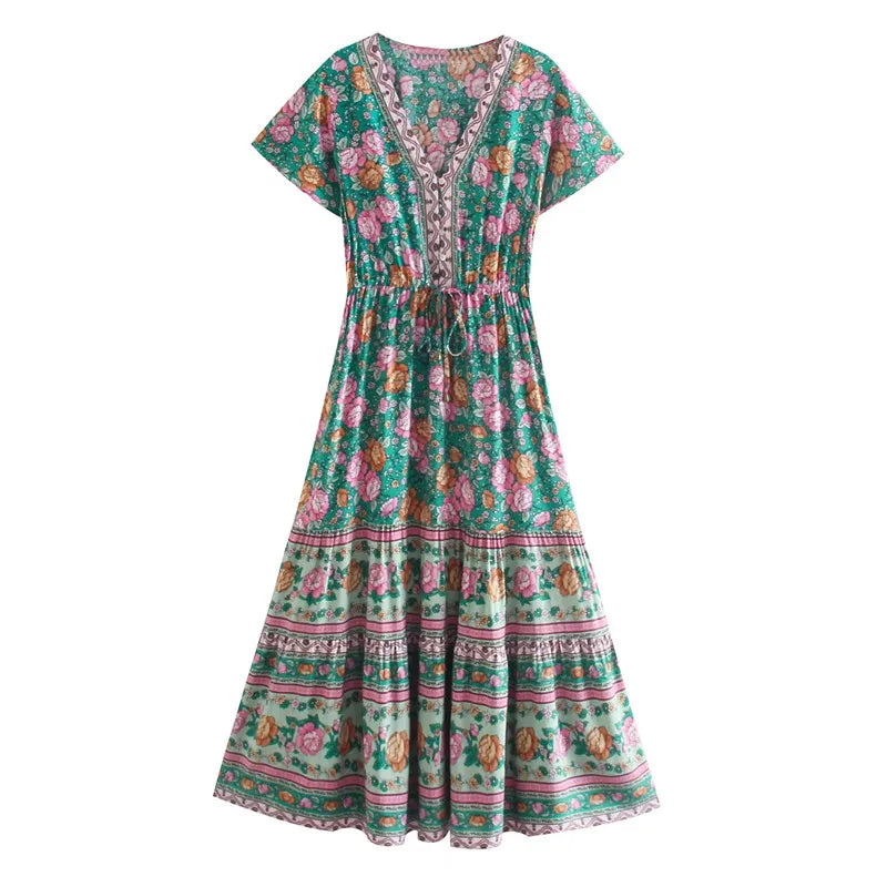 Teal Garden Boho Floral Print Midi Dress Cozy Ribbed Knit Midi Dress