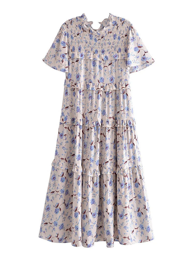 Prairie Blue Boho Floral Print Midi Dress Stylish Striped Midi Dress