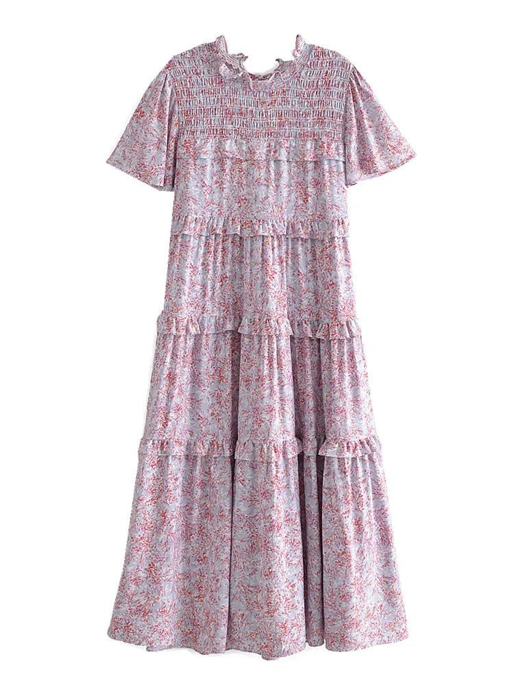 Misty Heather Boho Floral Print Midi Dress Elegant Pleated Detail Midi Dress