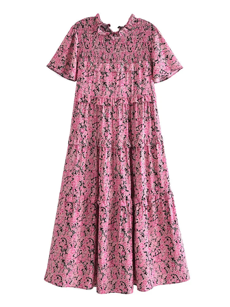 Rose Pink Boho Floral Print Midi Dress Comfortable Fit-and-Flare Midi Dress