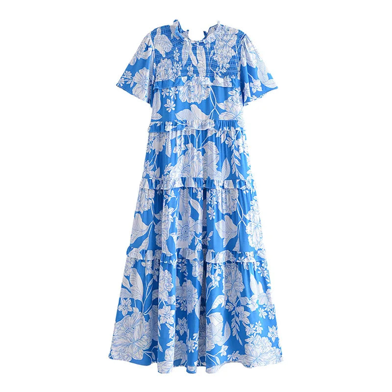 Blooming Blue Boho Floral Print Midi Dress Comfortable Short Sleeve Midi Dress