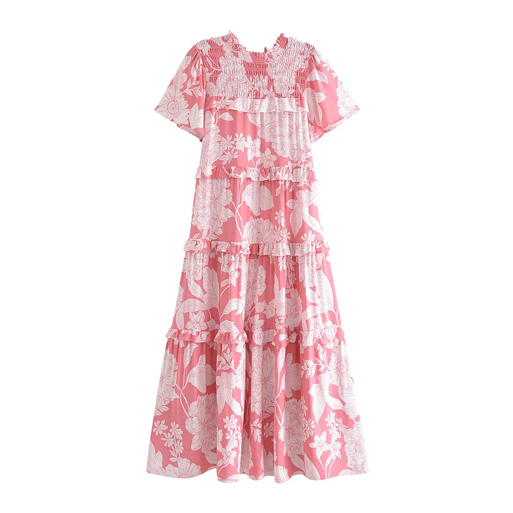 Blooming Pink Boho Floral Print Midi Dress Stylish Midi Dress with Cuffs