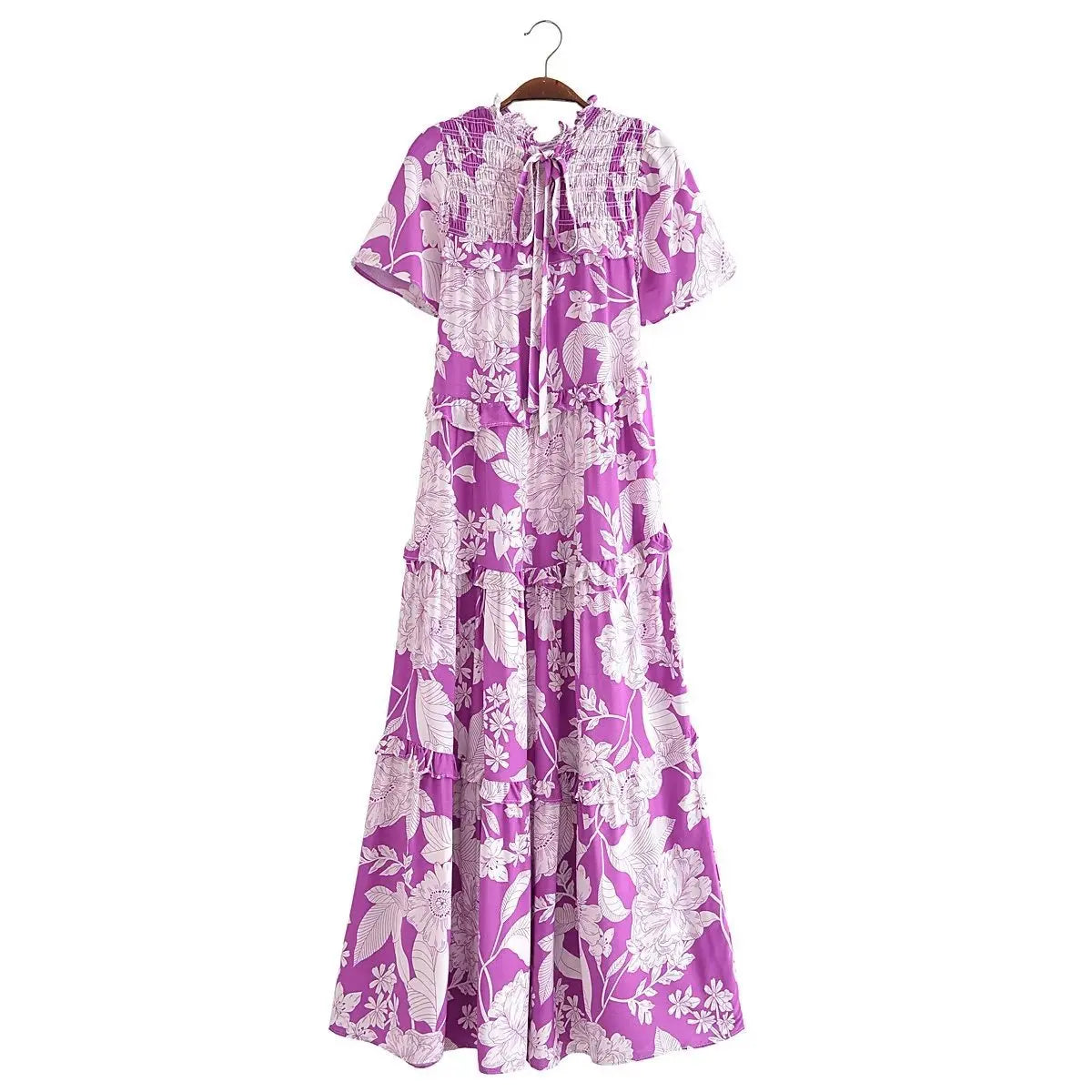 Blooming Purple Boho Floral Print Midi Dress Fashionable A-Line Midi Dress