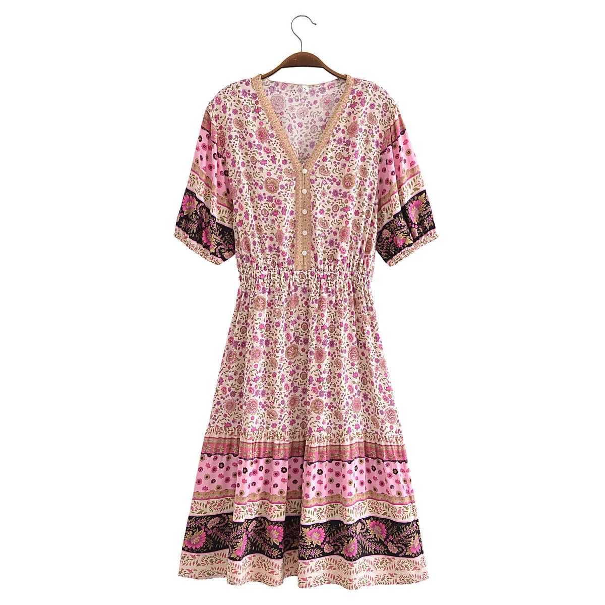 Pink Whimsy Boho Floral Print Midi Dress Elegant Satin Button Midi Dress