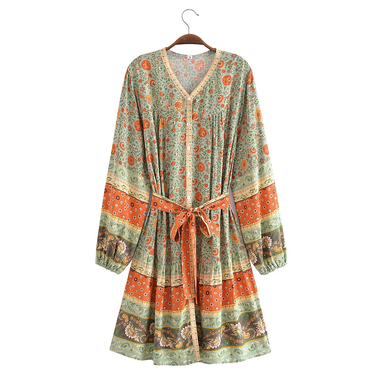 Green Whimsy Boho Floral Print Long Sleeve Mini Dress Trendy Crossover Mini Dress