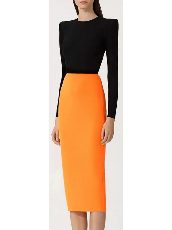 Black and Orange Long-Sleeve Crepe Stretch Midi Dress Cozy Wide Strap Midi Dress