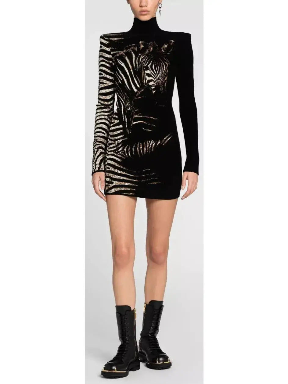 Black and White Zebra Jacquard Mini Dress Fashionable Button-Front Mini Dress