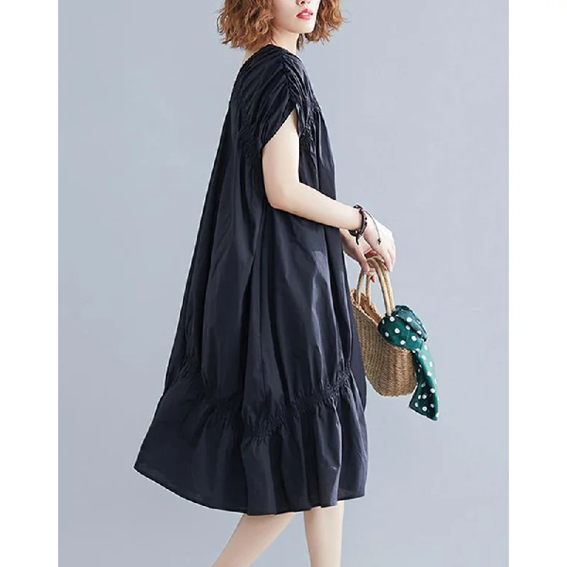 Black Loose Drawstring Ruffled Midi Dress Stylish Long Sleeve Floral Midi Dress