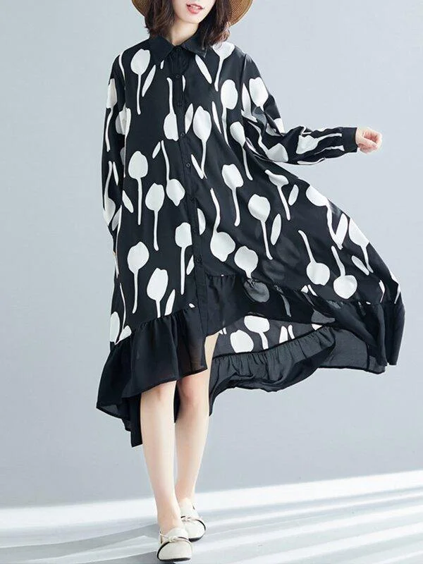 Black Printed Ruffle Shirt Midi Dress Fashionable A-Line Midi Dress