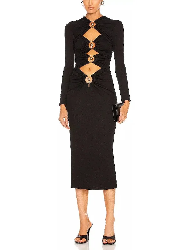 Black Ruched Column Long Sleeve Midi Dress Comfortable Button Front Midi Dress