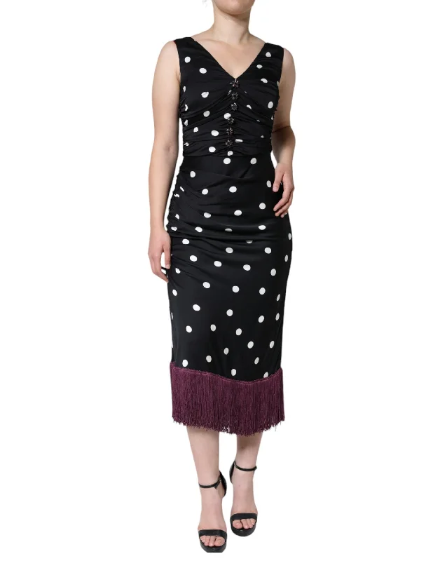 Black Silk Polka Dot Vneck Tassel Midi Dress Chic Bohemian Midi Dress