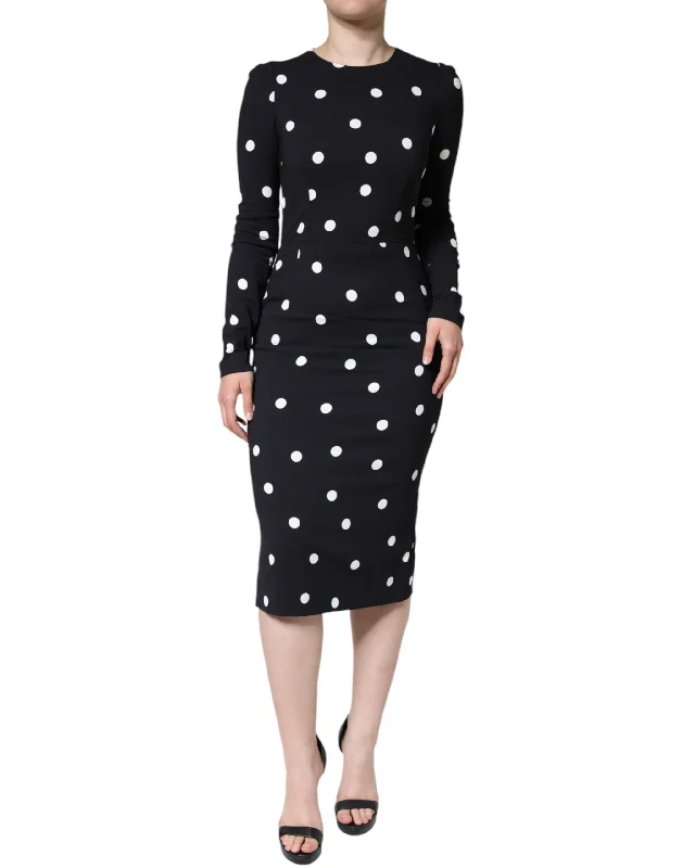 Black Viscose Polka Dots Sheath Midi Dress Cozy T-shirt Midi Dress