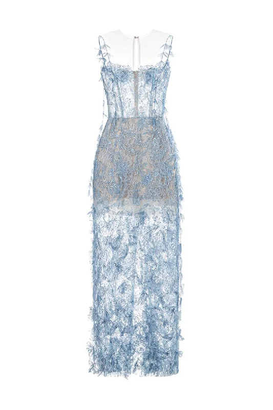 BLUE BEADED LACE PENCIL MIDI DRESS Fashionable Shift Midi Dress