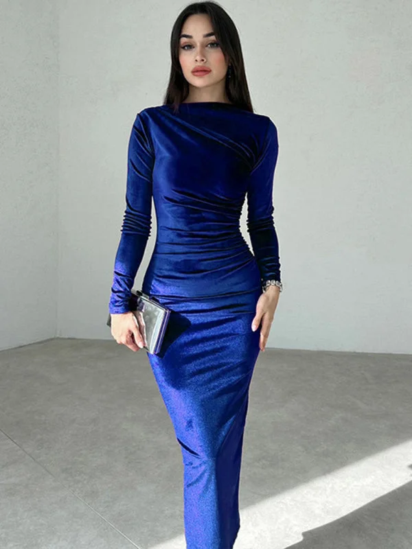 Blue Zone Planet |  Anna's Pleated Round Neck Long Sleeve Bodycon Midi Dress Stylish Satin Midi Dress