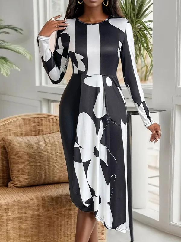 Blue Zone Planet |  Asymmetrical Slit Round Neck Long Sleeve Midi Dress Trendy Tiered Hem Midi Dress