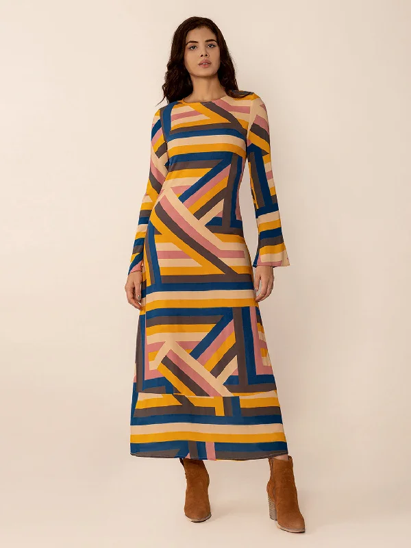 Blue Zone Planet |  Contrast Round Neck Flare Sleeve Midi Dress Comfortable Ruched Midi Dress