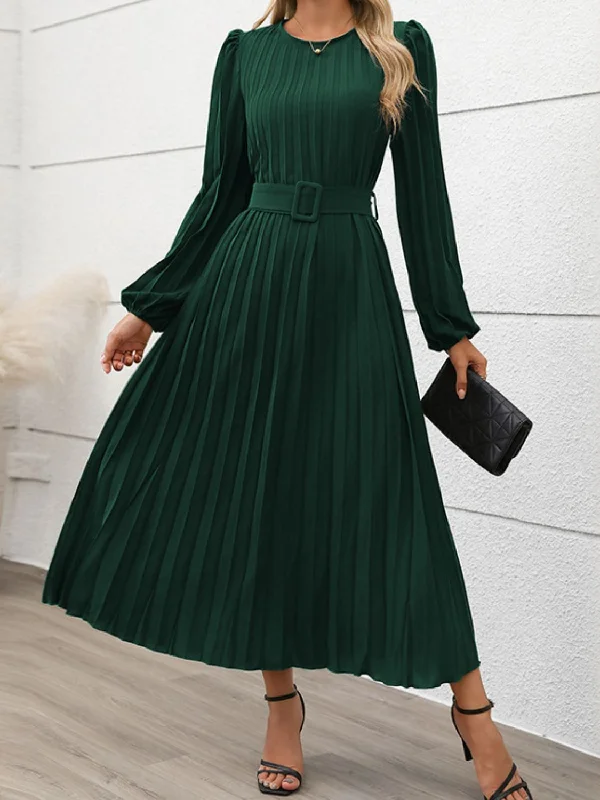 Blue Zone Planet |  Perfee Pleated Round Neck Long Sleeve Midi Dress Cozy Wide Strap Midi Dress