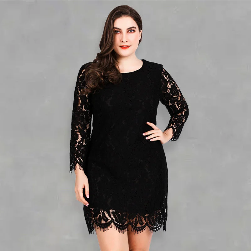 Blue Zone Planet |  Plus size black lace round neck long-sleeved mini dress Comfortable Bodycon Mini Dress