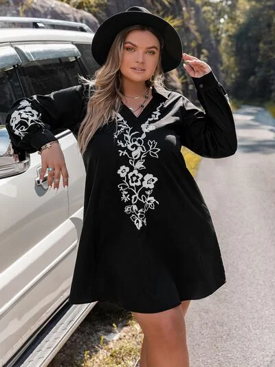 Blue Zone Planet |  Plus Size Embroidered Long Sleeve Mini Dress Comfortable Smocked Mini Dress