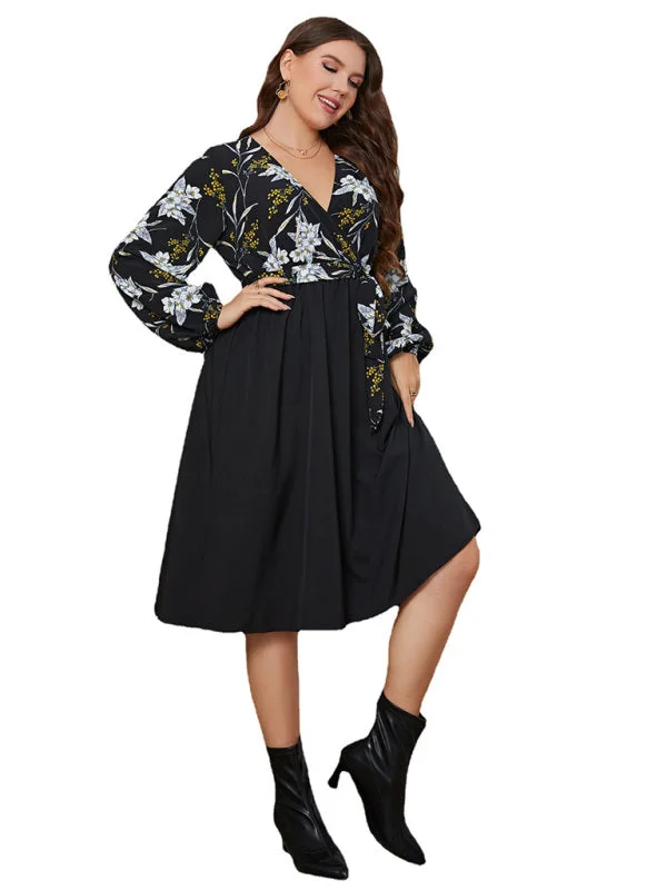 Blue Zone Planet |  Plus Size Long Sleeve V-Neck Floral A-Line Mini Dress Classic Casual Mini Dress