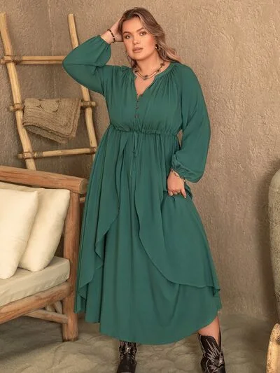 Blue Zone Planet |  Plus Size Notched Layered Balloon Sleeve Midi Dress Classic Black Midi Dress