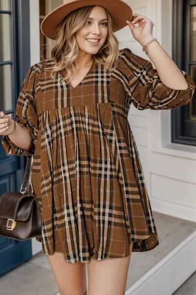 Blue Zone Planet |  Plus Size Plaid V-Neck Balloon Sleeve Mini Dress Stylish Sweetheart Mini Dress