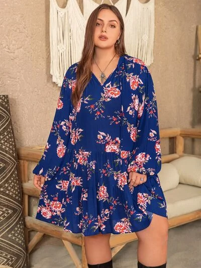 Blue Zone Planet |  Plus Size Printed Tie Neck Balloon Sleeve Mini Dress Elegant Vintage Mini Dress