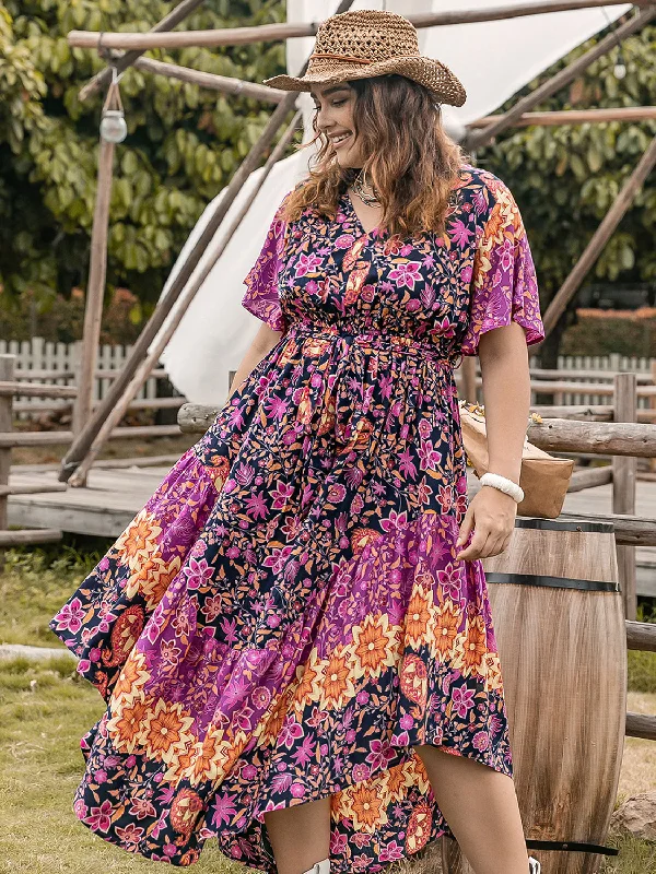 Blue Zone Planet |  Plus Size Printed V-Neck Flutter Sleeve Midi Dress Fashionable Plaid Midi Dress