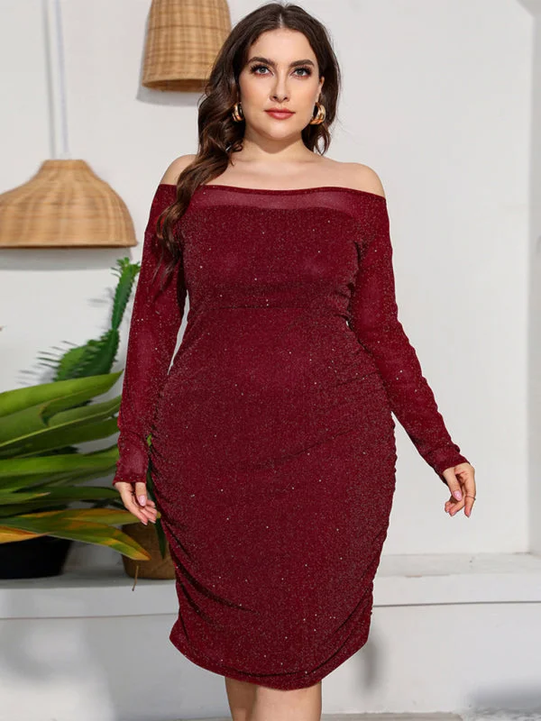 Blue Zone Planet |  Plus Size Round Neck High Waist Long Sleeve Party Midi Dress Elegant Pleated Detail Midi Dress