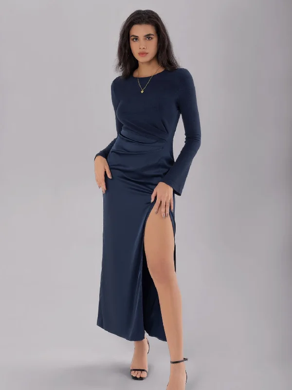 Blue Zone Planet |  Split Round Neck Long Sleeve Midi Dress Elegant Pleated Sleeve Midi Dress