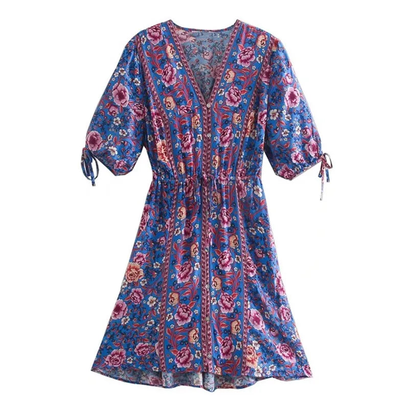 Sapphire Garden Boho Floral Print Mini Dress Trendy Cut-Out Mini Dress