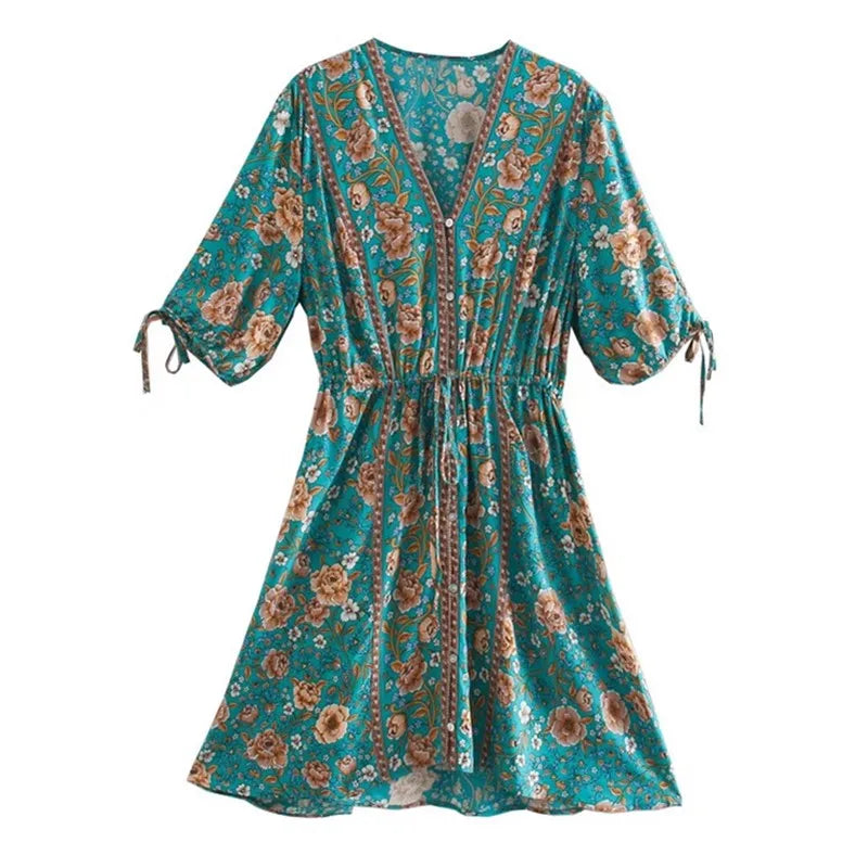 Jade Garden Boho Floral Print Mini Dress Comfortable One-Shoulder Mini Dress