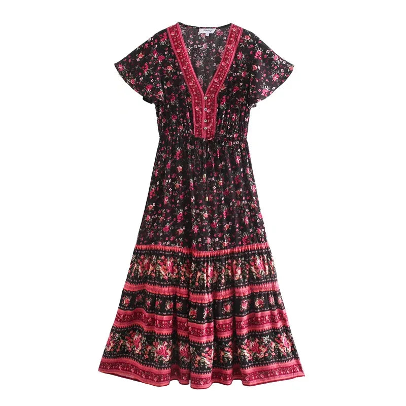 Burgundy Rose Boho Floral Print Midi Dress Trendy Off-Shoulder Button Midi Dress