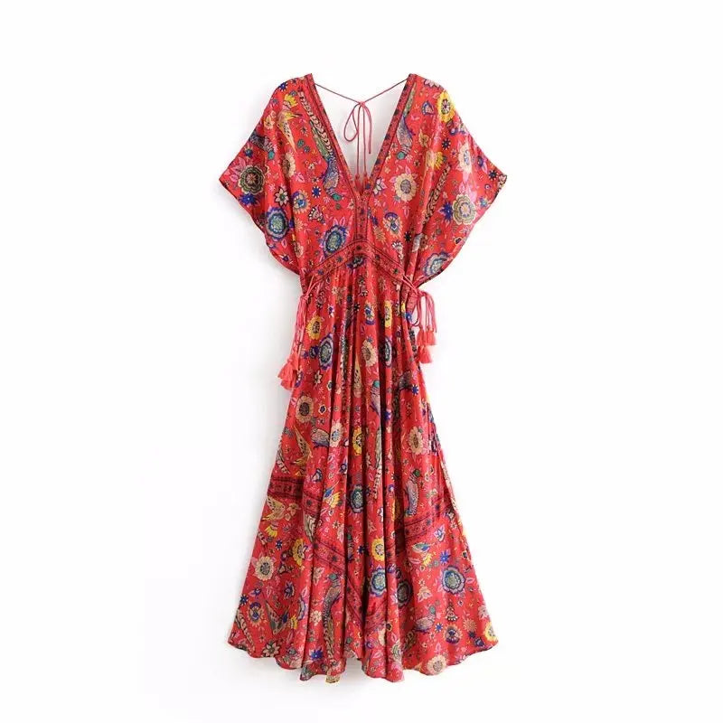 Red Songbird Boho Floral Print Midi Dress Comfortable Draped Midi Dress