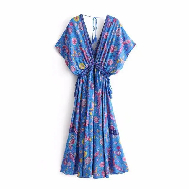 Sapphire Songbird Boho Floral Print Midi Dress Trendy Midi Dress with Belt