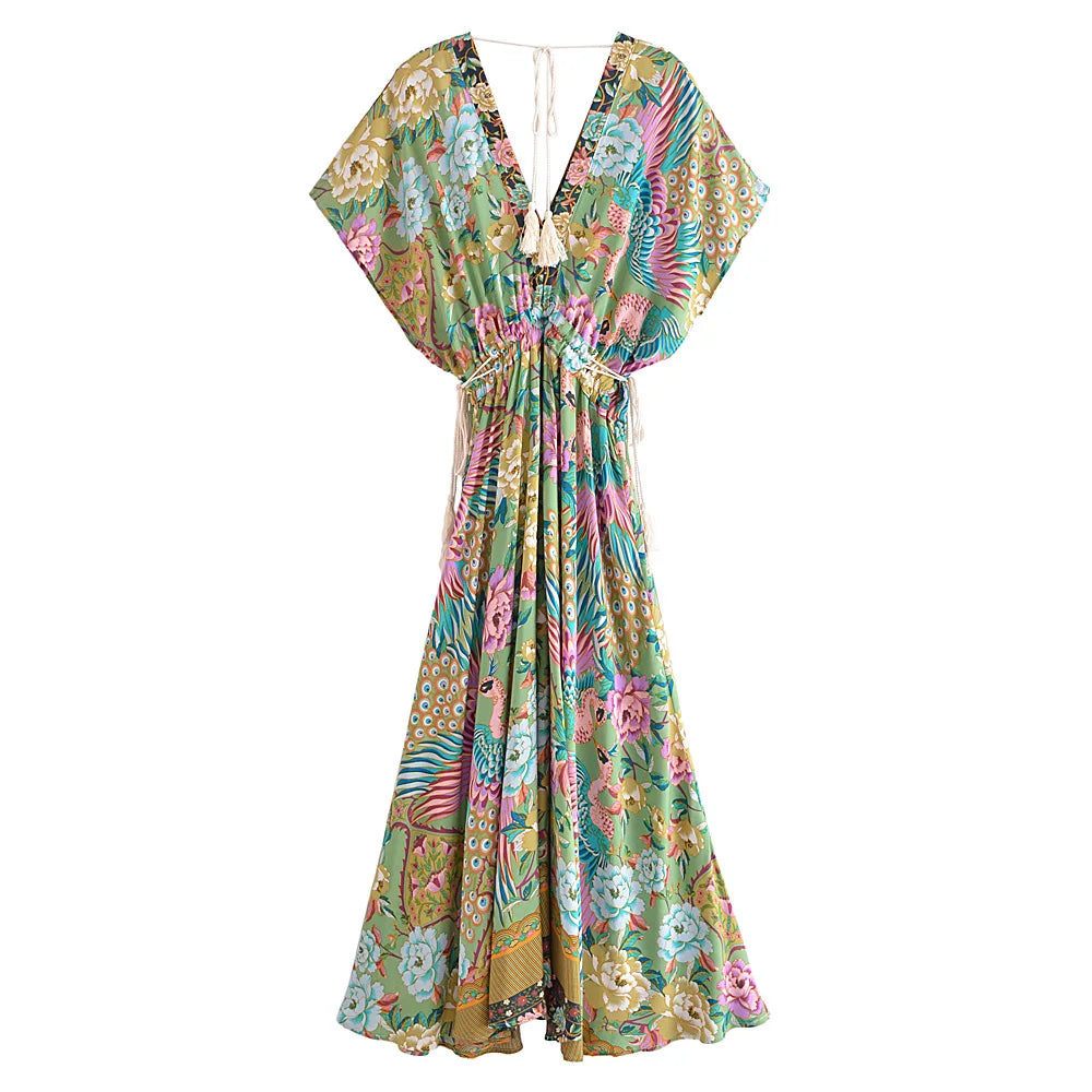 Jade Songbird Boho Floral Print Midi Dress Fashionable One-Shoulder Midi Dress