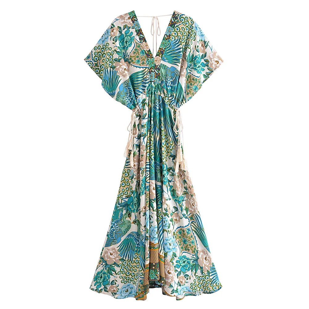 Teal Songbird Boho Floral Print Midi Dress Fashionable Floral Embroidery Midi Dress