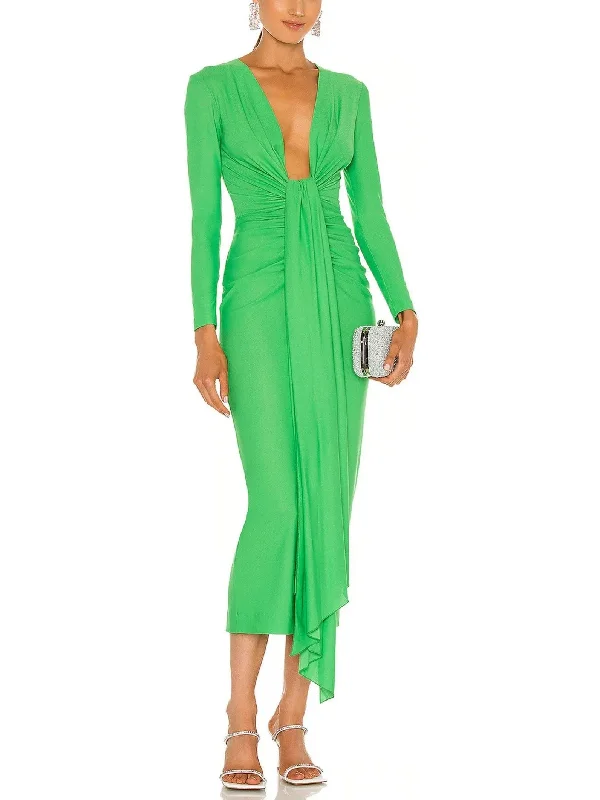 Bright Green Draped Low-Cut Fitted Midi Dress Comfortable Lace-Up Midi Dress