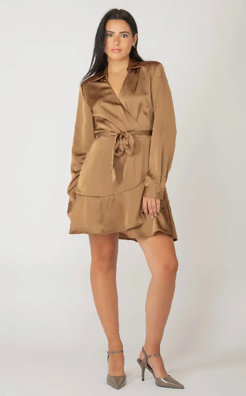 Caramel Wrap Mini Dress Elegant Lace-Up Mini Dress