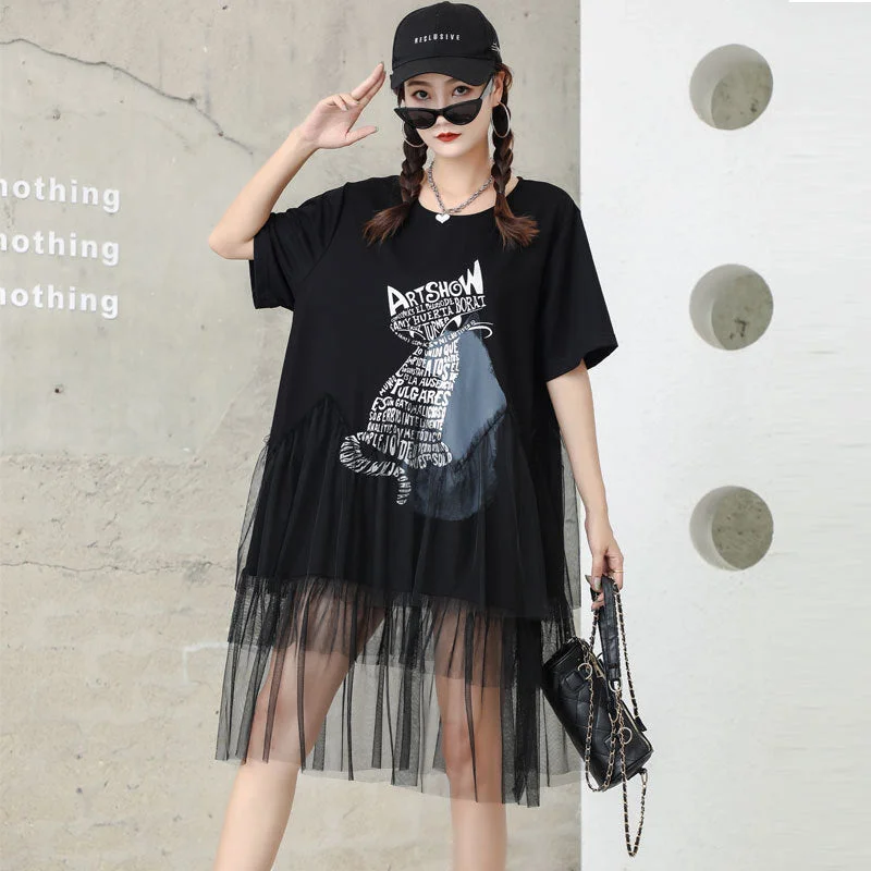 Cat Designed Tulle Loose Summer Black Midi Dresses Stylish Button-Up Midi Dress