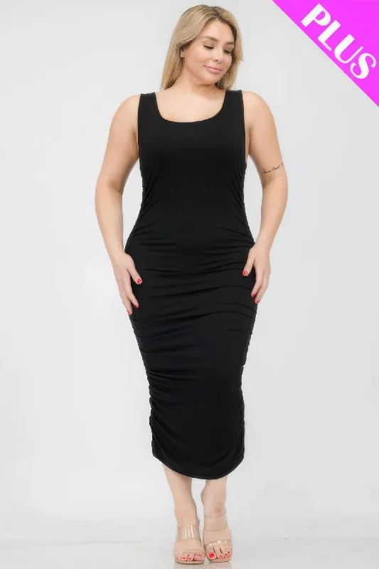 Plus Size Square Neck Ruched Bodycon Midi Dress Comfortable Stretch Midi Dress