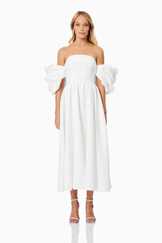 Destiny Off Shoulder Midi Dress in White Fashionable High-Low Midi Dress