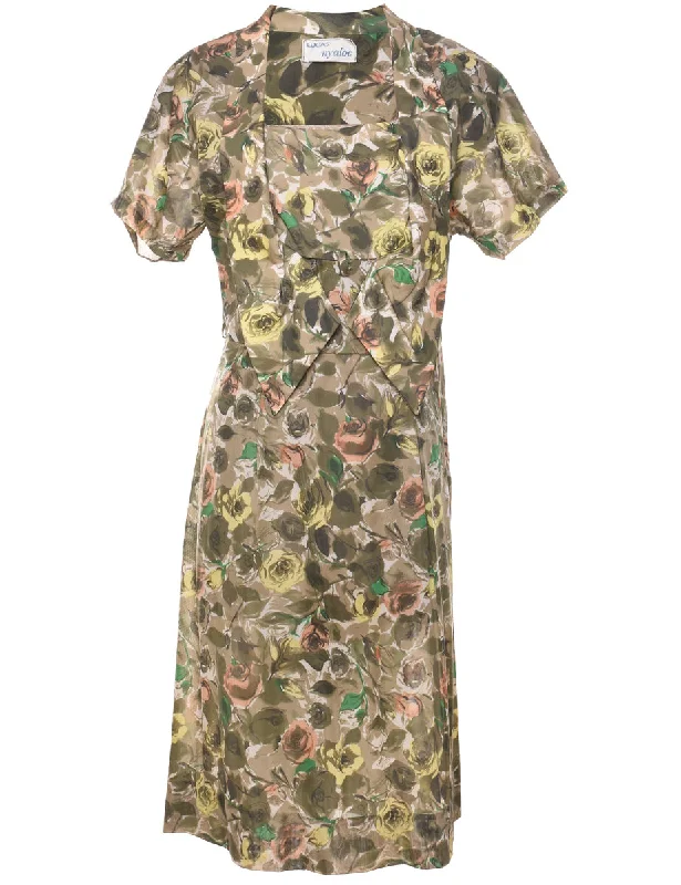 Floral Print Multi-Colour Vintage Midi Dress - L Comfortable Casual Midi Dress