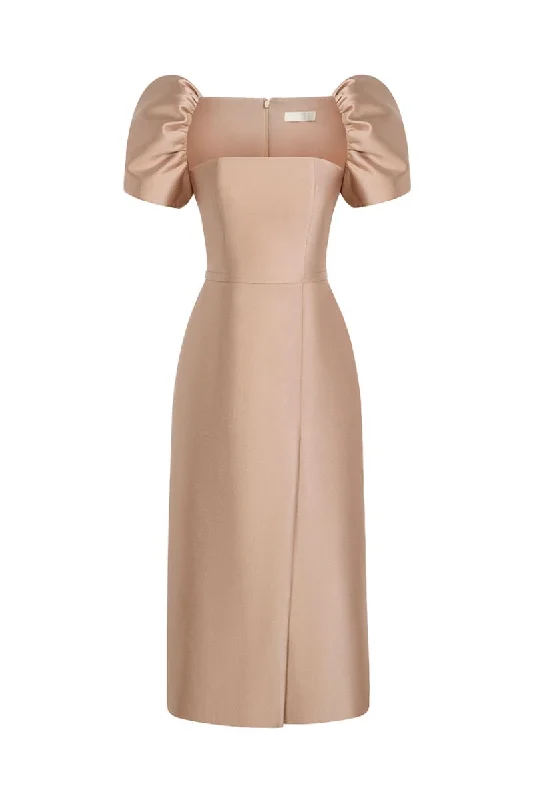 GOLD PUFF SLEEVE MIDI DRESS Fashionable Fitted Midi Dress