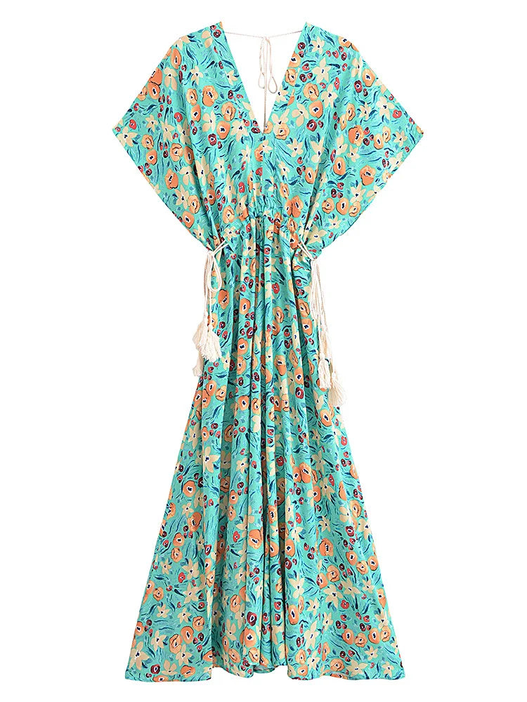 Evergreen Floral Boho Floral Print Midi Dress Comfortable Ribbed Midi Dress