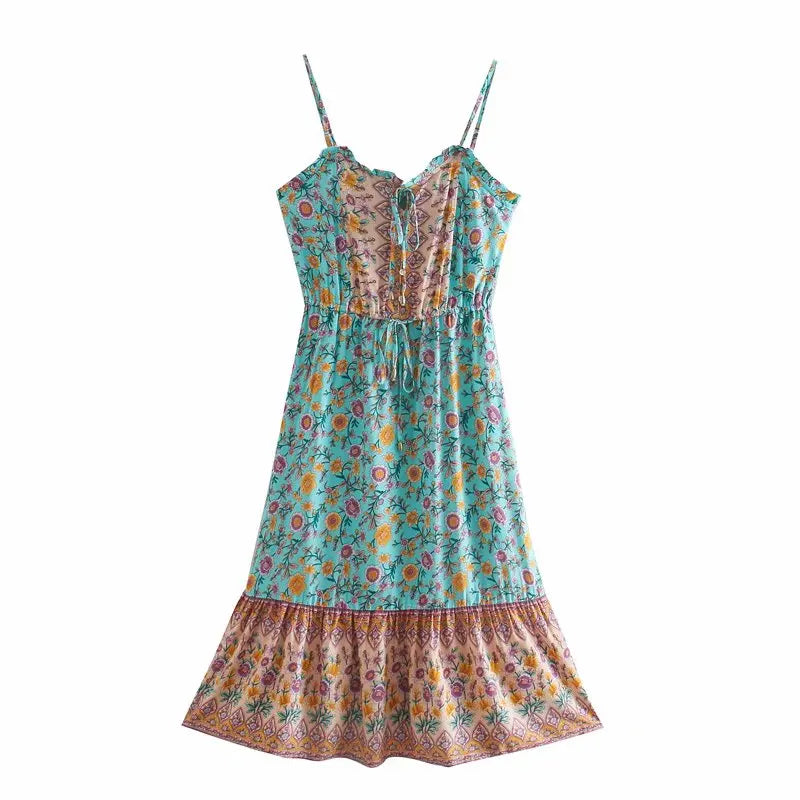 Teal Bloom Boho Floral Print Midi Dress Cozy A-Line Midi Dress