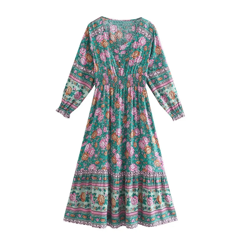 Enchanting Teal Boho Floral Print Midi Dress Stylish Vintage Midi Dress