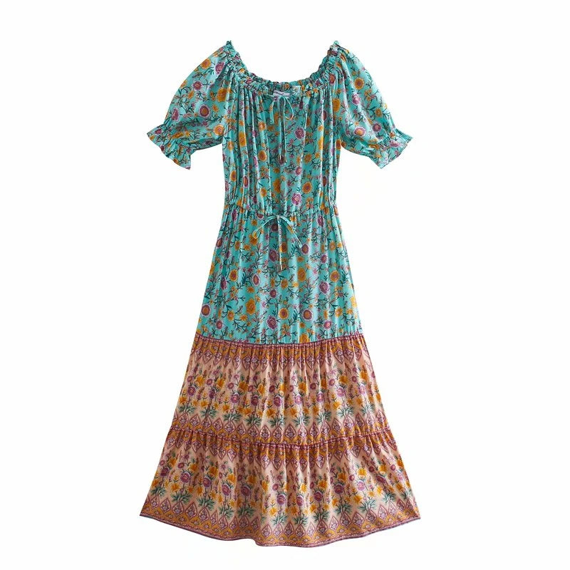 Serene Teal Boho Floral Print Midi Dress Trendy Shift Midi Dress