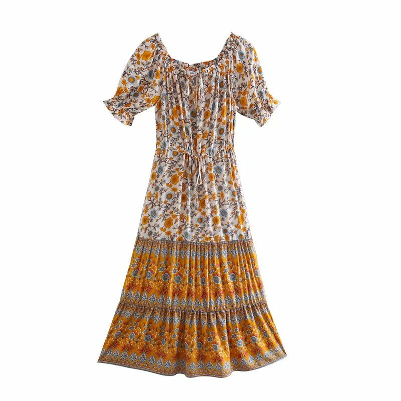 Sunlit Marigold Boho Floral Print Midi Dress Stylish Color Block Midi Dress